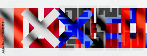 Abstract geometric composition. Bold colors, sharp angles, layered shapes create dynamic visual impact. Modern design, striking contrast.