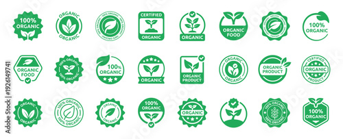 Organic Food, 100% Organic and Certified Organic Green Badge Icon Set