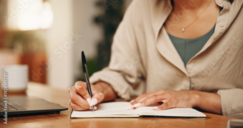 Vászonkép Remote work, notebook or hands in home with laptop, draft brainstorming or insight notes for article