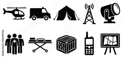 Emergency response icon set. Includes helicopter, truck, tent, tower, spotlight, people, stretcher, crate, phone, TV. Created in simple style with black and white palette