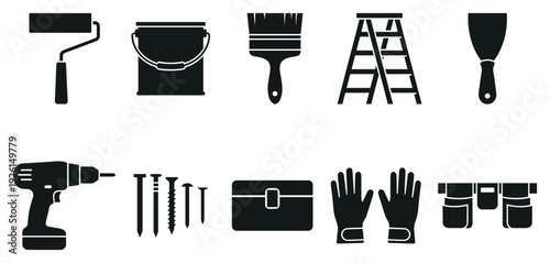 Construction tool icon set. Includes paint roller, bucket, brush, ladder, scraper, drill, screws, toolbox, gloves, and power tools. Created in solid black style with monochrome palette.