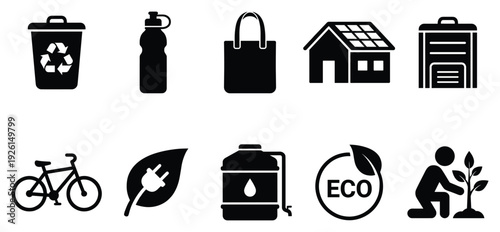 Eco friendly icon set. Includes recycling, eco friendly, bag, house, solar panel, bicycle, leaf, oil, eco logo, planting. Created in black style with solid colors.