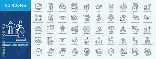 Growth and Strategy - Icon Collection. Thin Outline Set contains such Icons as market analysis, marketing strategy, swot analysis and more. Simple web icons set