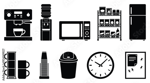Office coffee and kitchen icon set. Includes coffee maker, microwave, refrigerator, coffee cups, sugar, trash can, clock, vending machine. Created in black and white line style with