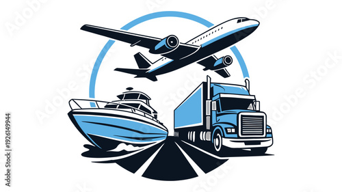 Illustration of transportation modes including air, sea, and land vehicles.
