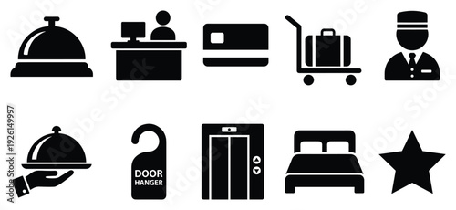 Hotel icon set. Includes bellhop, reception, air conditioner, luggage, concierge, food cover, door lock, fridge, bed, rating star. Created in solid style with black palette