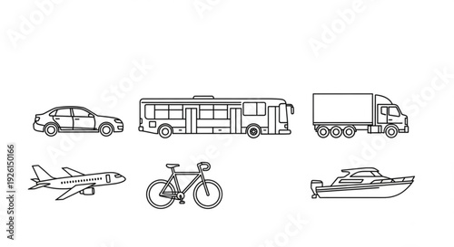 Various vehicles including a car, bus, truck, airplane, bicycle, and boat illustrated in a simple line art style.