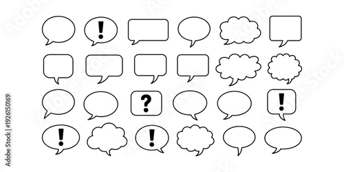 Black and white comic speech bubbles with exclamation marks and question marks  on white background 