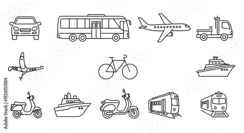 Various vehicles and transportation modes illustrated in a simple line art style