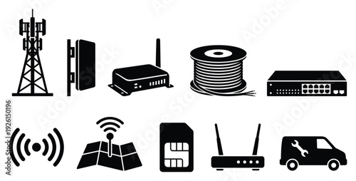 Technology and communication icon set. Includes cell tower, router, cable, server, WiFi, satellite, SIM card, modem, and delivery truck symbols. Created in solid style with black and white