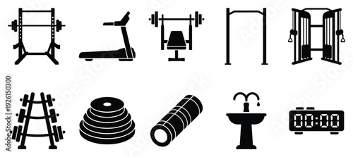 Gym and fitness icon set. Includes dumbbell rack, exercise bike, weight bench, pull-up bar, weight stack, yoga mat, sink, and clock. Created in black line style with monochrome palette.