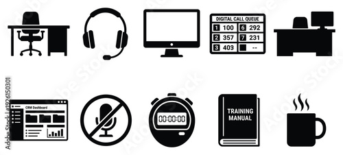 Business training icon set. Includes office, computer, headset, timer, manual, and no smoking symbols. Created in black line style with monochrome palette