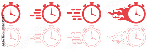 Set of fast clock icons in different motion styles like flame, glitch, and streaks, useful for urgency, time management, express delivery, and deadline concepts, time fast icon editable design 