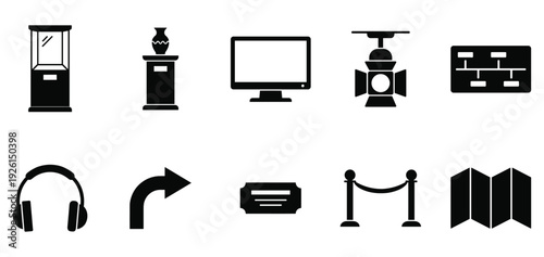 Technology and media icon set. Includes TV, computer, drone, camera, monitor, headphones, and navigation symbols. Created in black line style with monochrome palette.