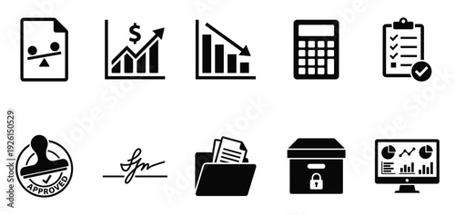 Business finance icons set including documents, graphs, calculator, clipboard, signature, folder, safe, and computer with charts and graphs on screen.