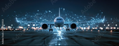 Modern Airplane on Runway at Night with Digital Network Overlay.