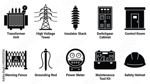 Electrical equipment icon collection. Includes transformer unit, high voltage tower, insulator stack, switchgear cabinet, control room, warning fence, grounding rod, power meter
