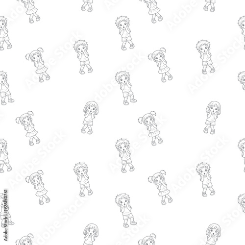 A seamless pattern of children with surprised and amazed facial expressions in playful hand drawn character illustration