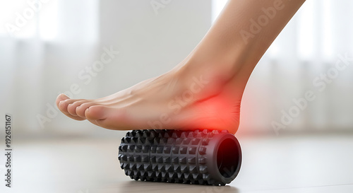 Foot massage with textured roller for pain relief. Self-care for plantar fasciitis or heel pain, physical therapy at home concept.
