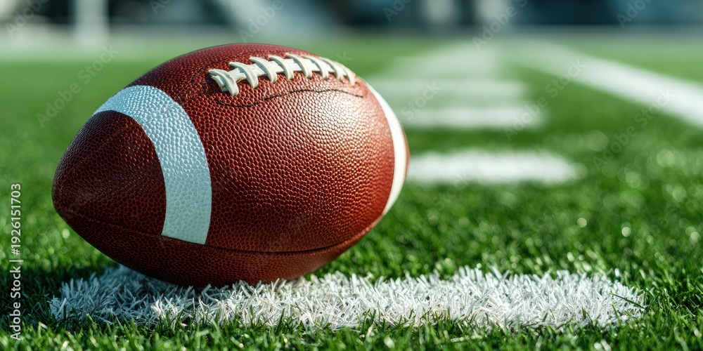 Obraz premium A close-up shot of a football on a grassy field with white yard lines