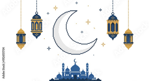 Ramadan Kareem crescent moon and mosque illustration with hanging lanterns, a festive Islamic greeting for the holy month