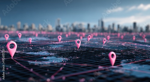 Digital Map with Location Pins and City Skyline.