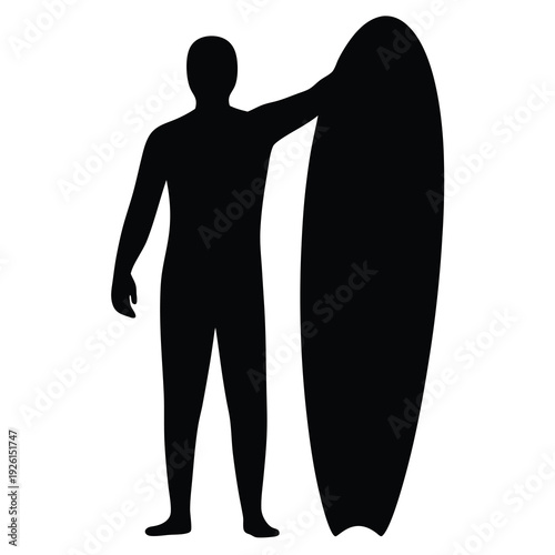 Silhouette of surfer standing and holding his surfboard on white backdrop
