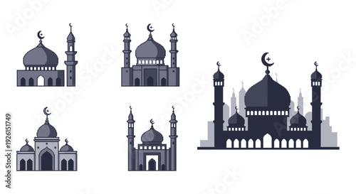 Collection of Islamic mosque architecture illustrations in monochrome style