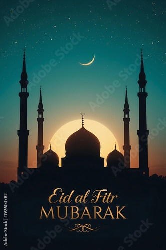 A serene mosque silhouette under a crescent moon during eid al-fitr celebration