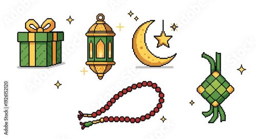 Pixel Art Islamic Icons Ramadan Lantern, Crescent Moon, Gift Box, Rosary Beads, and Ketupat