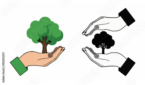 Eco Support Concept with Hands Holding Green Tree and Tree Silhouette Flat Vector on White