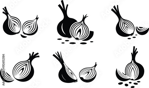 Set of Minimalist black chopped onion pieces silhouette vector icon