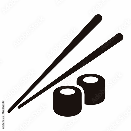 Minimalist depiction of maki sushi with chopsticks in a black and white icon