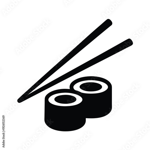 Minimalist black and white graphic illustration of sushi rolls with chopsticks
