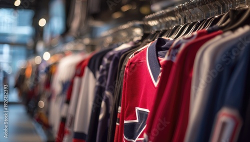 Row of Sports Jerseys Hanging on Display in a Store.