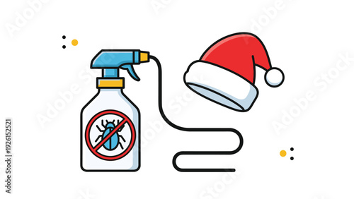 Insect repellent spray bottle shown alongside a red Santa hat, suggesting pest control services during the winter holiday season.