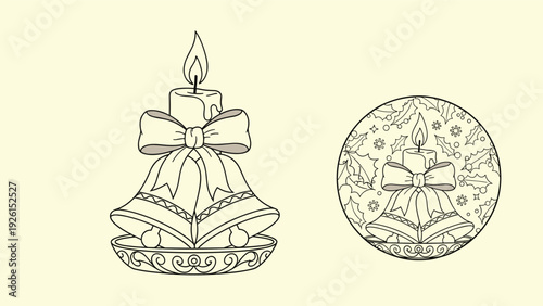 Christmas bells decorated with a large ribbon and a lit candle, presented as a holiday coloring page or seasonal greeting design.