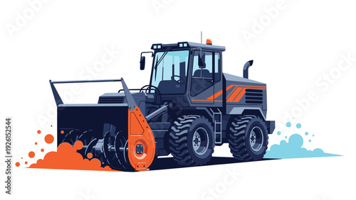 Heavy duty snow blower vehicle with large tires and an orange auger designed for clearing deep snow from roads and large areas.