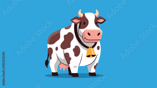 Farm animal illustration featuring a spotted dairy cow with a bell, presented with bold lines and vibrant colors on a blue background.