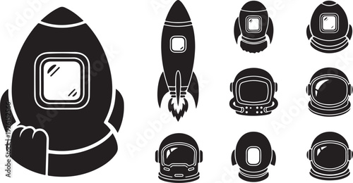 Black and white astronaut space suit icons and rocket