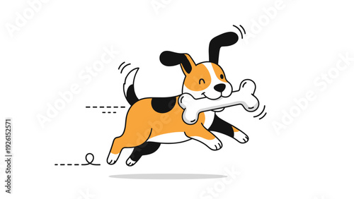Active beagle dog running quickly while carrying a large white bone in its mouth, conveying joy and playfulness in pet ownership.