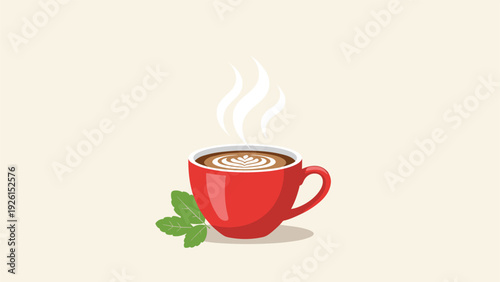 Red ceramic cup filled with hot coffee featuring beautiful latte art and green mint leaves on a warm neutral background for cafes.