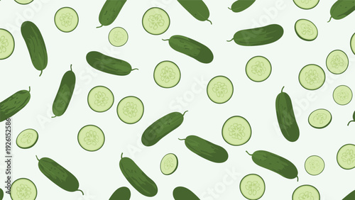 Seamless pattern of whole green cucumbers and sliced rounds scattered across a light background for food packaging and textiles.