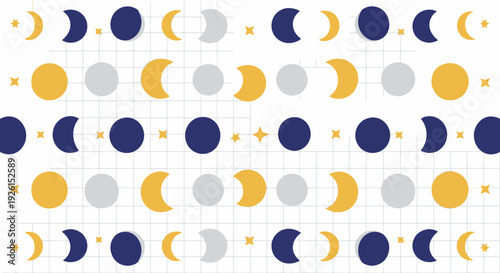 A captivating graphic pattern illustrating the beautiful celestial dance of moon phases and twinkling stars, arranged in a seamless repeat for a dreamy cosmic background or decorative design element