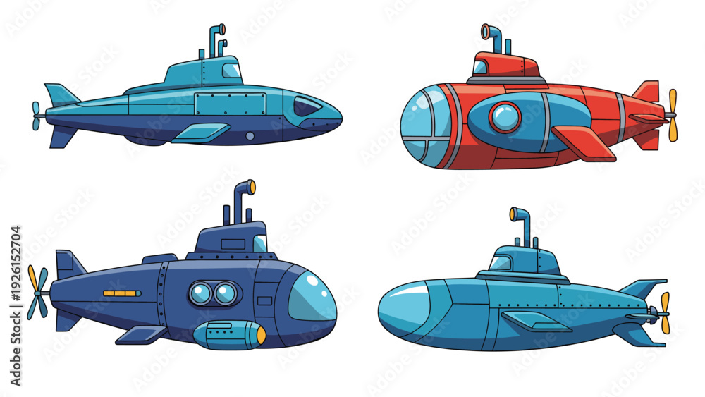 Fototapeta premium Set of four different submarines in blue and red colors featuring various designs for underwater exploration fun.