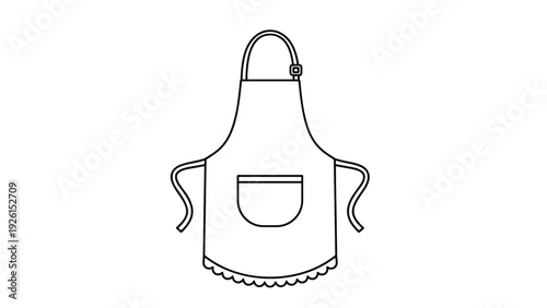 Simple black and white line drawing of a kitchen apron with a large front pocket and a decorative ruffled bottom edge.