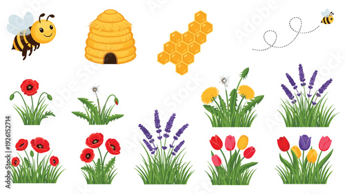Beautiful spring collection with honey bees a beehive honeycomb and various colorful flowers in lush green grass.