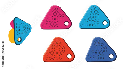 Collection of various colorful electronic key finders in a triangular shape for organizing and locating personal items.