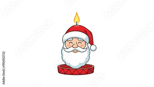 Unique Christmas candle shaped like the head of Santa Claus with a flickering golden flame on top of his red hat.