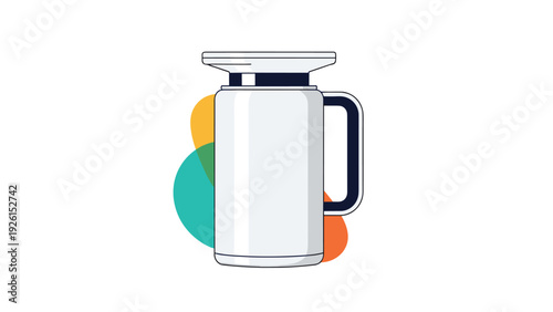 Modern white insulated thermos flask with a large handle and grey lid for keeping drinks hot or cold while traveling.